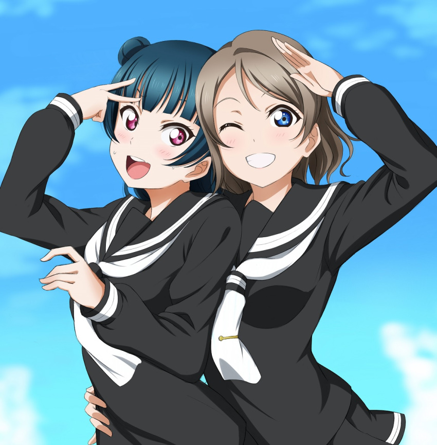 2girls :d black_sailor_collar black_serafuku black_shirt black_skirt blue_background blue_eyes blue_hair blurry blurry_background brown_hair grin hair_bun hand_on_another's_hip long_sleeves looking_at_viewer love_live! love_live!_sunshine!! mell_ast miniskirt multiple_girls open_mouth pleated_skirt sailor_collar salute school_uniform serafuku shirt short_hair skirt smile standing tsushima_yoshiko upper_body v watanabe_you white_neckwear