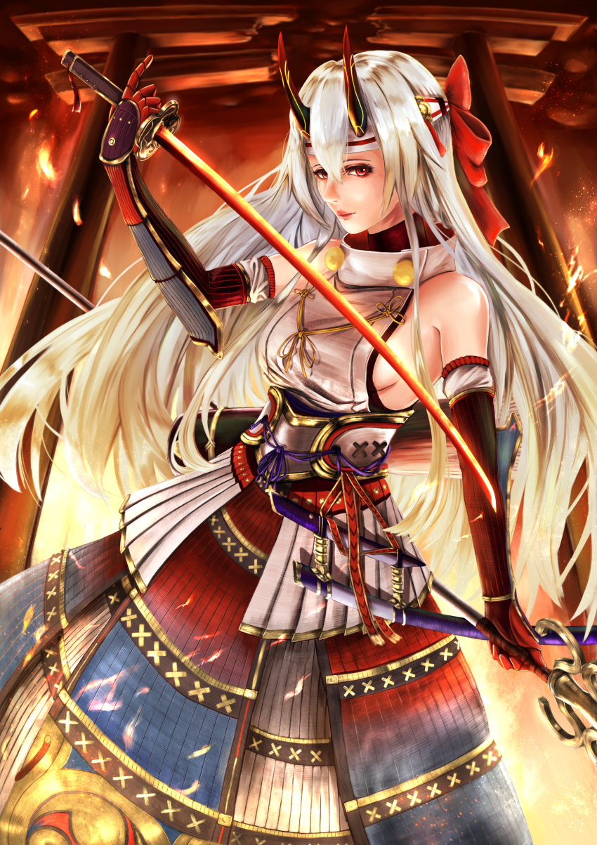 1girl absurdres armor bow breasts commentary_request detached_sleeves fate/grand_order fate_(series) fire gauntlets gloves gxsn3858 hair_between_eyes hair_bow hairband highres holding holding_spear holding_sword holding_weapon japanese_armor japanese_clothes katana kote kusazuri long_hair medium_breasts oni_horns polearm red_bow red_eyes red_gloves reverse_grip sideboob silver_hair solo spear sword tomoe_gozen_(fate/grand_order) torii very_long_hair weapon