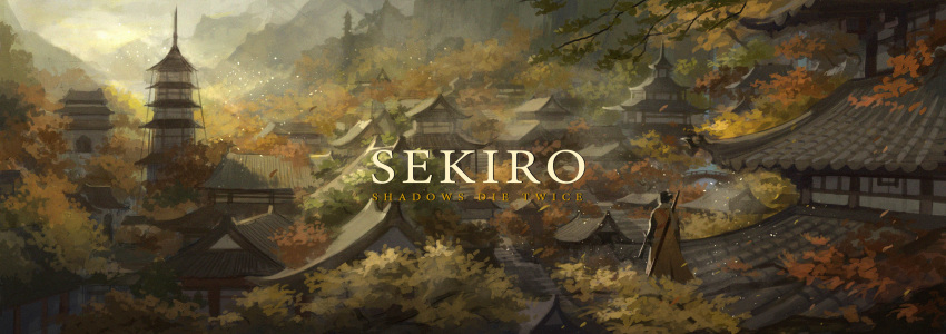 1boy absurdres architecture autumn copyright_name dusk east_asian_architecture english_text forest highres landscape mountainous_horizon nature pagoda sekiro sekiro:_shadows_die_twice solo tree widescreen xinuo223