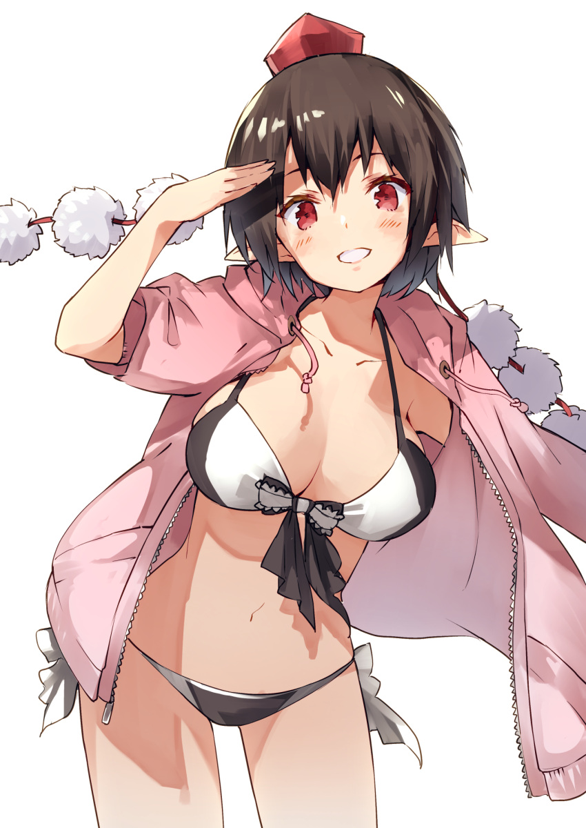 1girl arm_up bangs bikini black_bikini black_hair black_ribbon blush breasts commentary_request contrapposto cowboy_shot drawstring grin hair_between_eyes halterneck hat highres hood hooded_jacket jacket large_breasts looking_at_viewer multicolored multicolored_bikini multicolored_clothes navel nuqura open_clothes open_jacket pink_hoodie pink_jacket pointy_ears pom_pom_(clothes) red_eyes ribbon salute shameimaru_aya short_hair side-tie_bikini simple_background sleeves_rolled_up smile solo standing stomach swimsuit swimsuit_under_clothes tassel thighs tokin_hat touhou white_background white_bikini