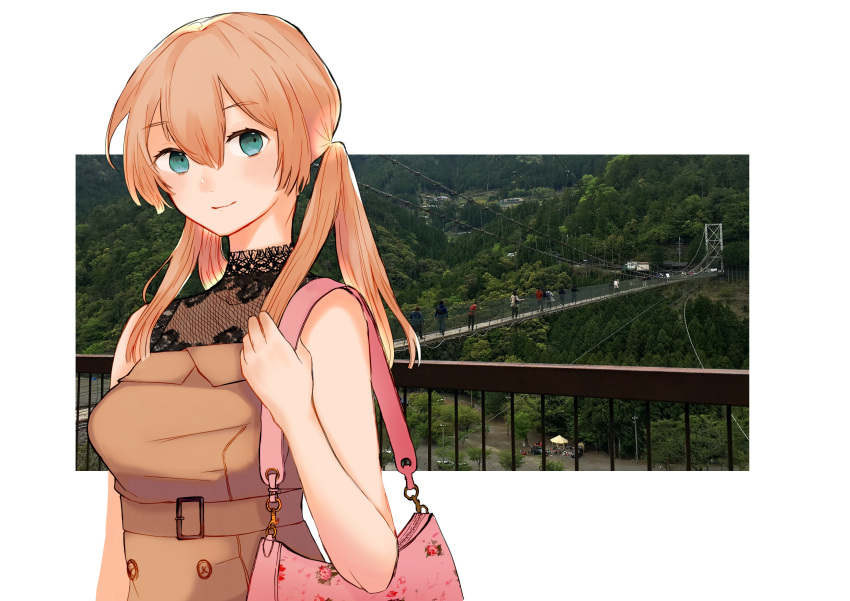 1girl absurdres alternate_costume bag belt blonde_hair bridge brown_dress casual commentary_request cowboy_shot dress green_eyes highres kantai_collection light_smile looking_at_viewer okayu_(papiko1111) photo_background pink_bag prinz_eugen_(kantai_collection) railing shoulder_bag sleeveless solo twintails upper_body