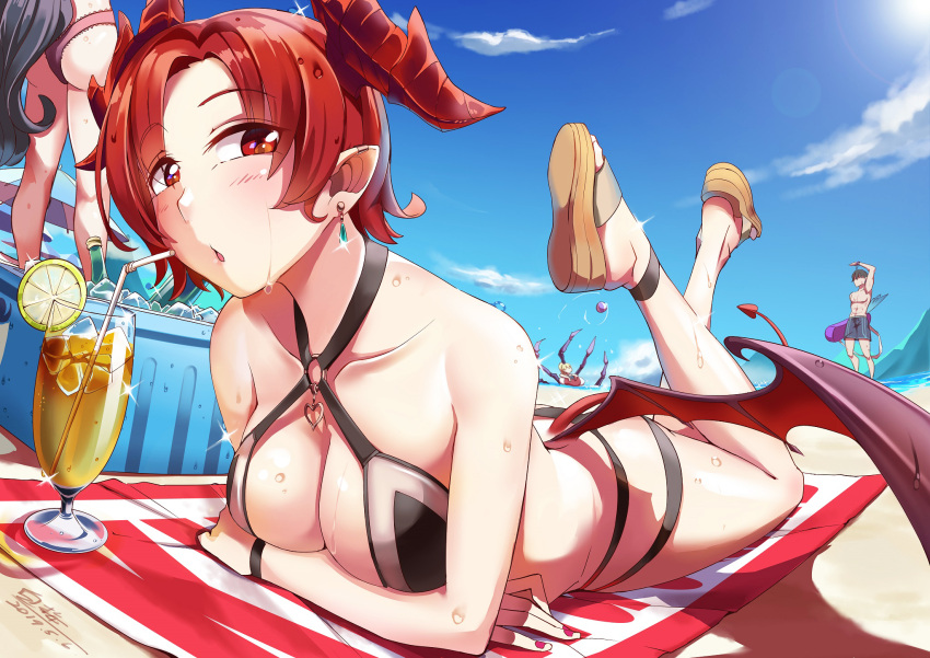 1boy 3girls abs ass ball beach beachball bikini black_bikini black_hair blue_sky blush bottle breasts cleavage clouds collarbone cooler cup demon_tail demon_wings drinking_glass drinking_straw earrings food fruit highres horns ice ice_cube jewelry king's_raid lemon lemon_slice long_hair looking_at_viewer lying male_swimwear medium_breasts mountain multiple_girls nail_polish ocean on_stomach parasol pointy_ears purple_bikini purple_nails red_eyes redhead sandals shiroi_ume short_hair sky sun swim_trunks swimsuit swimwear tail towel umbrella very_long_hair wet wings