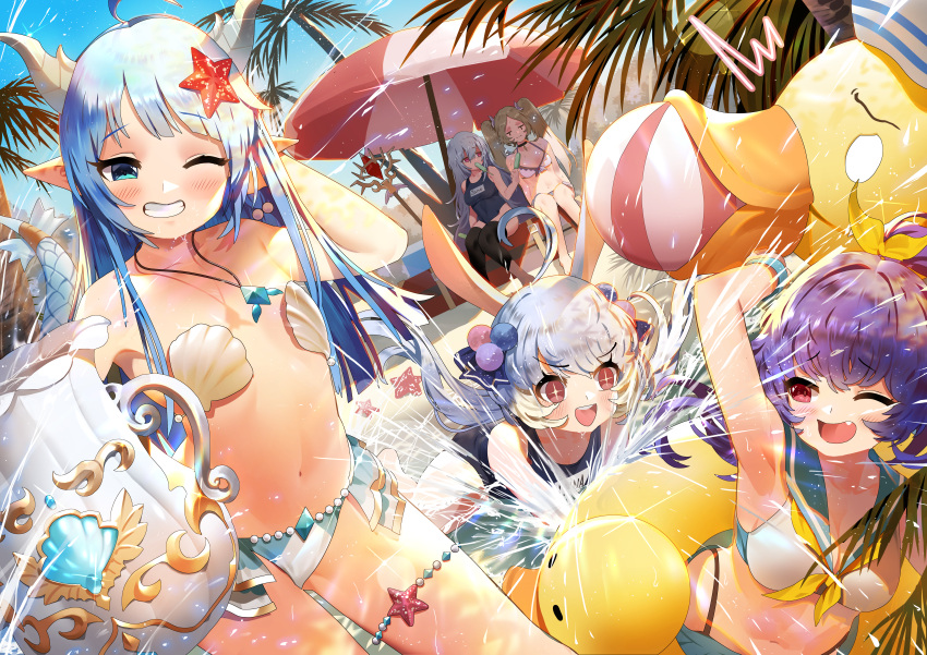 5girls absurdres ahoge animal_ears arm_up armpits arms_up ball beach_umbrella beachball bikini bikini_bottom black_legwear blue_eyes blue_hair blush breasts brown_hair bsue character_request eating empty_eyes fang flat_chest food grin hair_ornament hand_in_hair highres horns huge_filesize jewelry king's_raid long_hair medium_breasts mouth_hold multiple_girls navel one-piece_swimsuit one_eye_closed open_mouth outdoors palm_tree pendant pink_eyes pointy_ears pool popsicle purple_hair rabbit_ears school_swimsuit seashell shell silver_hair smile splashing starfish swimsuit tail thigh-highs tree twintails umbrella very_long_hair violet_eyes water white_bikini white_bikini_bottom