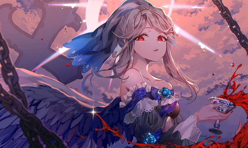 1girl bare_shoulders black_dress blood blue_bow blue_flower blue_rose blue_sky blue_wings blurry blurry_foreground bow breasts brown_hair chains chalice closed_mouth clouds cloudy_sky collarbone commentary_request day depth_of_field dress feathered_wings flower holding idolmaster idolmaster_million_live! idolmaster_million_live!_theater_days kuri_choko long_hair long_sleeves looking_at_viewer looking_to_the_side medium_breasts outdoors red_eyes rose sidelocks sky solo tenkuubashi_tomoka upper_body veil wings