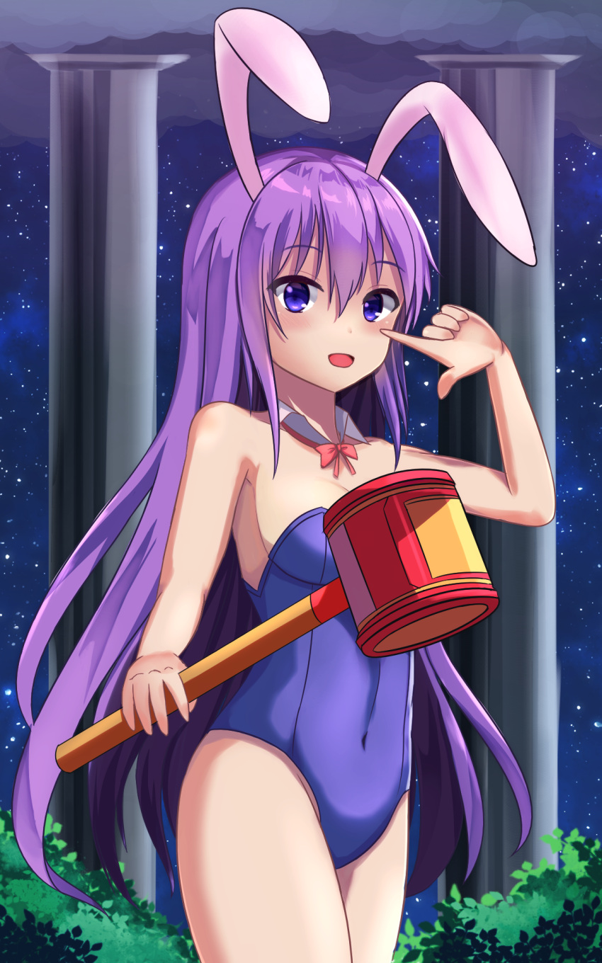 1girl :d animal_ears bangs blue_leotard bow bowtie breasts cleavage collarbone covered_navel detached_collar erina_(rabi-ribi) eyebrows_visible_through_hair hair_between_eyes highres holding holding_hammer index_finger_raised leotard long_hair looking_at_viewer medium_breasts night open_mouth outdoors purple_hair rabbit_ears rabi-ribi red_bow red_neckwear sideboob sky smile solo standing star_(sky) starry_sky strapless strapless_leotard touhourh very_long_hair violet_eyes wing_collar