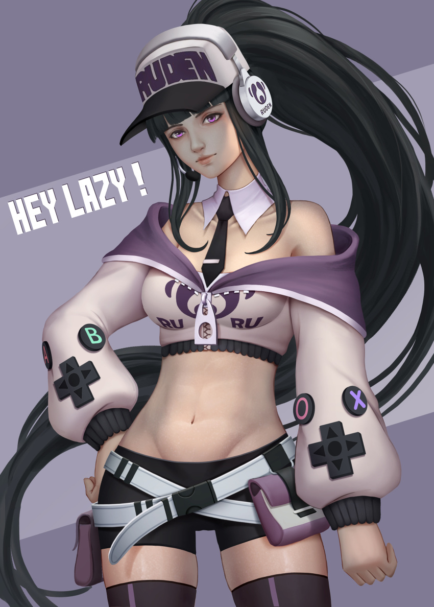 1girl absurdres bangs bare_shoulders baseball_cap belt belt_pouch bike_shorts black_hair black_legwear black_shorts blunt_bangs borrowed_character breasts clothes_writing collarbone commentary_request contrapposto cropped_jacket d-pad detached_collar english_text groin hand_on_hip hat head_tilt headphones headset high_ponytail highres jarilo lanmei lips long_hair long_sleeves looking_at_viewer lowleg lowleg_shorts medium_breasts multiple_belts navel necktie nose off-shoulder_sweater off_shoulder original pouch short_shorts shorts solo standing sweater thigh-highs tie_clip unzipped very_long_hair violet_eyes zipper_pull_tab