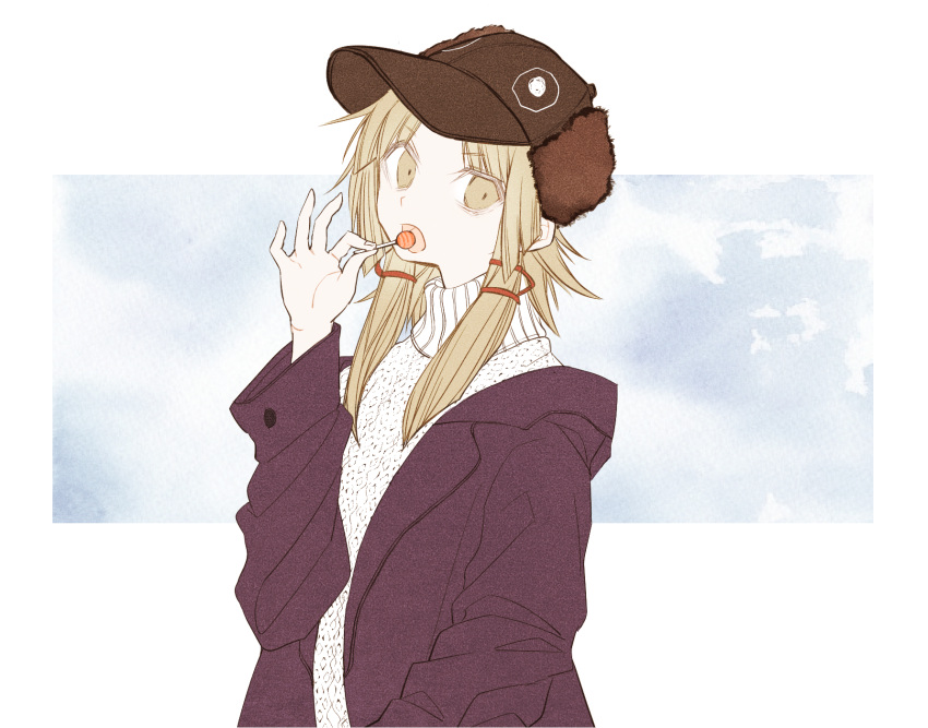 1girl blonde_hair brown_headwear candy copyright_request food fur_hat hand_up hat highres holding_candy holding_lollipop lollipop long_hair long_sleeves moi2m3 open_mouth solo upper_body yellow_eyes