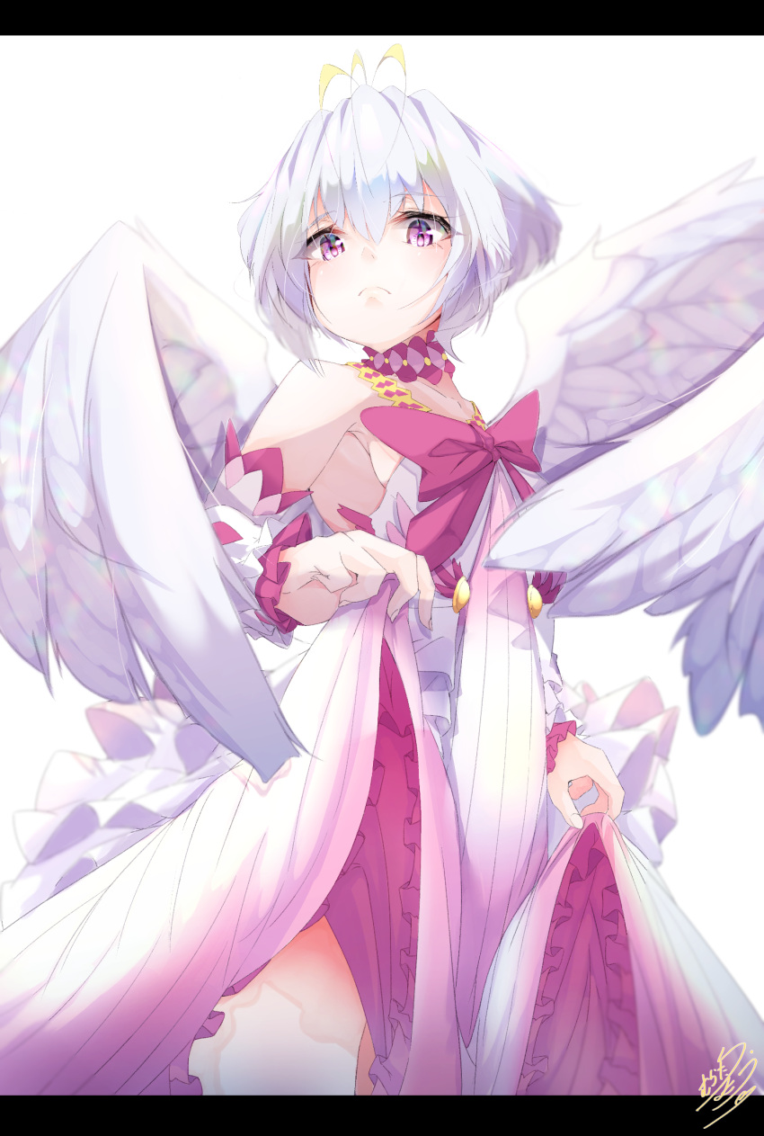 1girl angel_wings antenna_hair bare_shoulders bow breasts cowboy_shot detached_sleeves dress dress_lift eyebrows_visible_through_hair feathered_wings fitoria_(tate_no_yuusha_no_nariagari) highres layered_dress letterboxed lifted_by_self light_frown looking_at_viewer murata_ryou purple_bow short_hair signature small_breasts solo tate_no_yuusha_no_nariagari violet_eyes white_dress white_wings wings