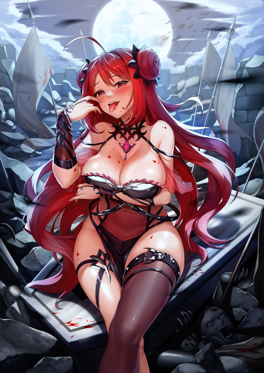 1girl :d :p absurdres ahoge arm_under_breasts asymmetrical_gloves bare_shoulders bat belt blood blush bow breasts bridal_gauntlets brown_legwear choker cleavage coffin double_bun erze_(king's_raid) fangs frills full_moon gloves hair_ornament hand_up head_tilt highres huge_filesize jai_(whany1998) king's_raid large_breasts legs_crossed long_hair looking_at_viewer moon night open_mouth outdoors red_eyes redhead ruby_(gemstone) single_thighhigh sitting smile solo thigh-highs thigh_strap thighlet tongue tongue_out very_long_hair