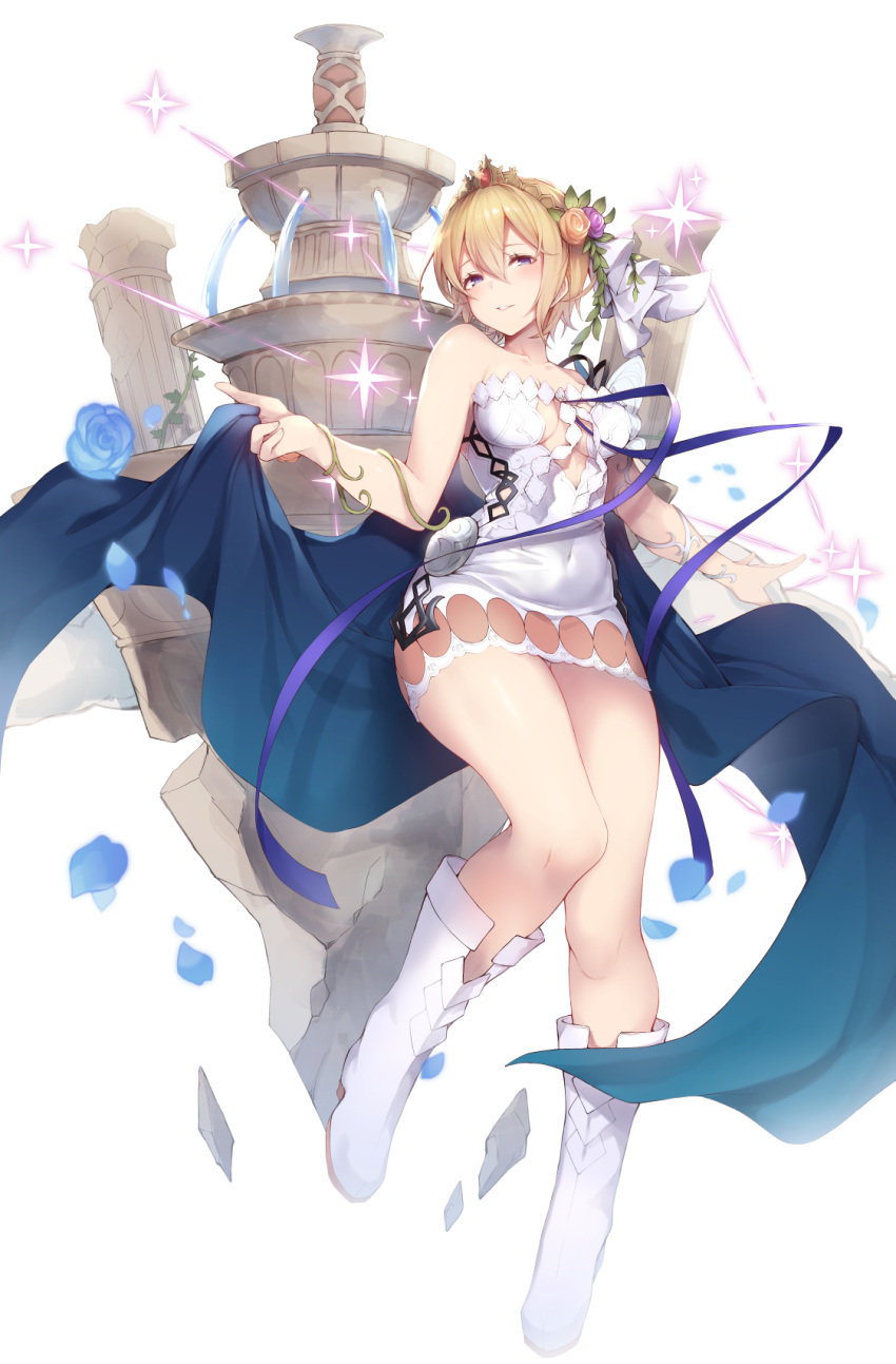1girl bangs bare_shoulders blonde_hair blue_eyes blue_flower blue_rose blush boots breasts cleavage collarbone commentary_request dress europa_(granblue_fantasy) eyebrows_visible_through_hair flower full_body granblue_fantasy hair_between_eyes hair_flower hair_ornament highres large_breasts looking_at_viewer nanahara_fuyuki rose short_hair simple_background smile solo sparkle tiara white_background white_dress white_footwear