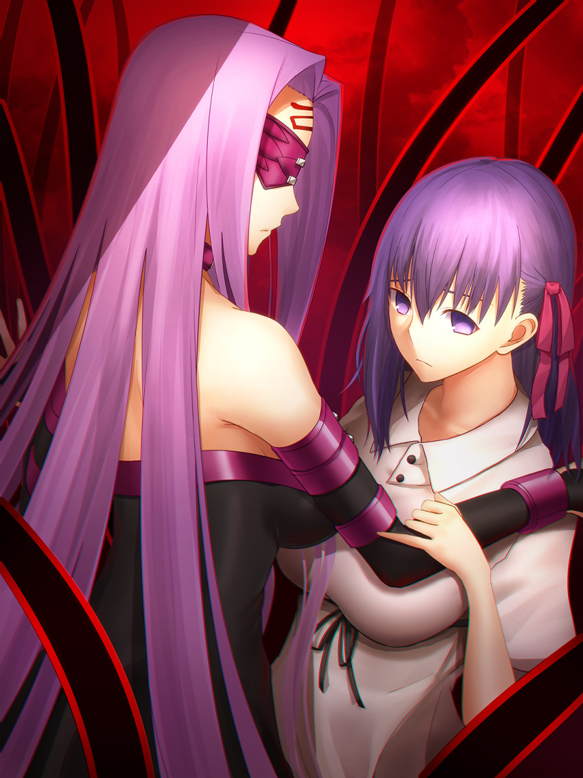 2girls bangs blindfold breasts collar dress elbow_gloves facial_mark fate/stay_night fate_(series) forehead_mark gloves hair_ribbon heaven's_feel highres impossible_clothes large_breasts long_hair looking_at_viewer matou_sakura medusa_(fate)_(all) minami_koyogi multiple_girls official_art purple_hair red_ribbon ribbon rider strapless strapless_dress type-moon upper_body very_long_hair violet_eyes