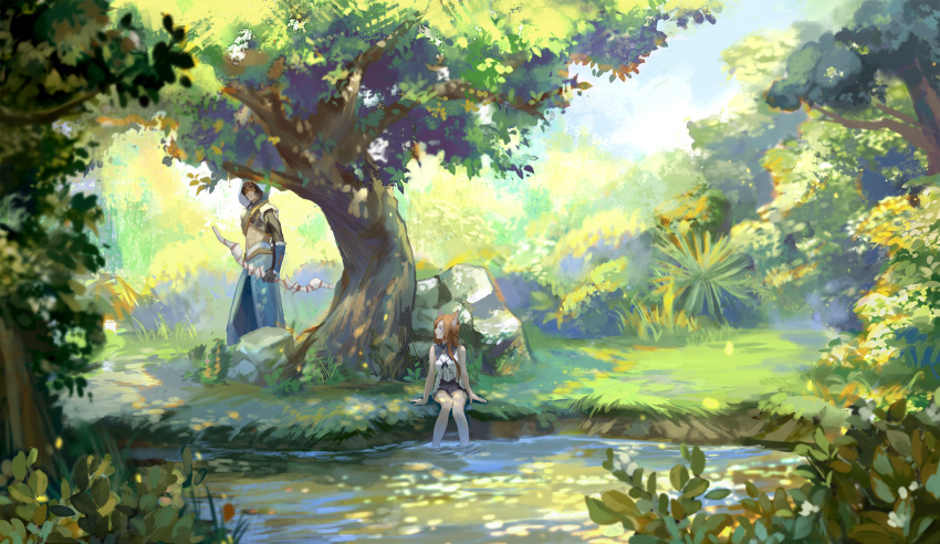 1boy 1girl achyue animal_ears black_gloves black_hair blue_sky bow_(weapon) bracer brown_hair day gloves grass highres hood leah_(pixiv_fantasia_last_saga) long_hair midriff omar_(pixiv_fantasia_last_saga) outdoors pixiv_fantasia pixiv_fantasia_last_saga river scenery sitting sky soaking_feet standing tree weapon wolf_ears