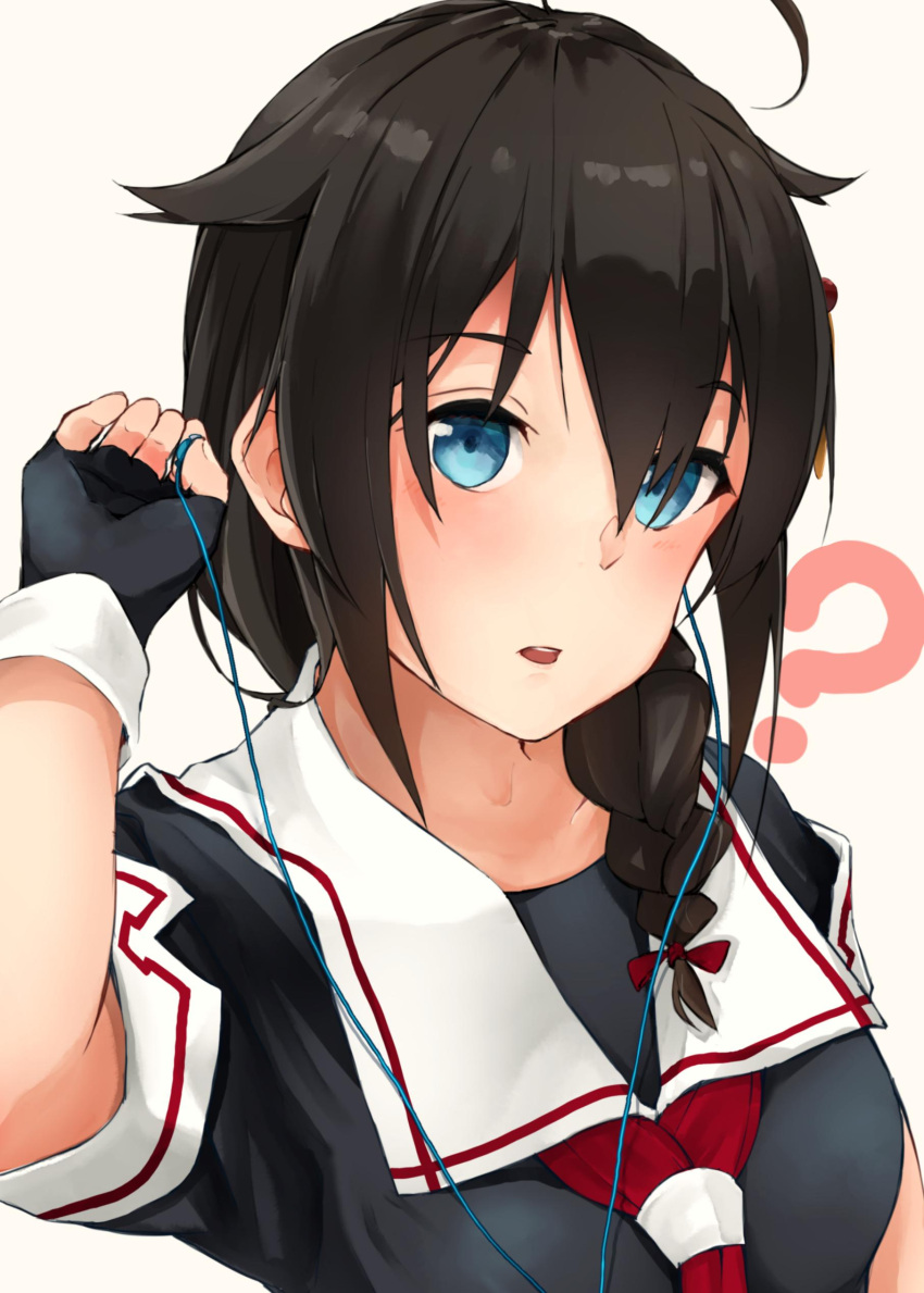 1girl ? absurdres ahoge black_gloves black_hair black_serafuku blue_eyes braid close-up commentary_request cowboy_shot earphones fingerless_gloves gloves hair_flaps hair_over_shoulder highres kantai_collection kumanoko looking_at_viewer neckerchief parted_lips red_neckwear remodel_(kantai_collection) school_uniform serafuku shigure_(kantai_collection) simple_background single_braid solo upper_body white_background