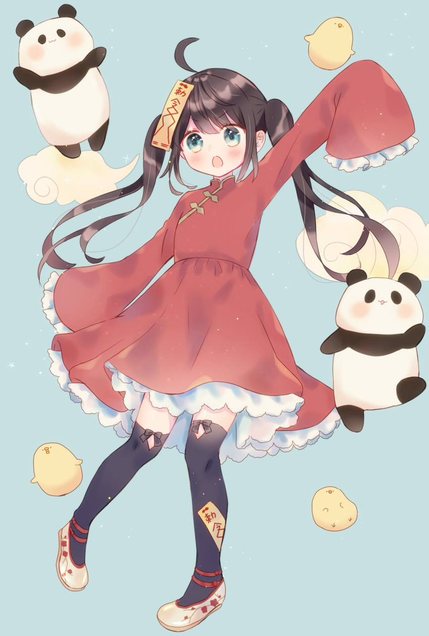 1girl :3 :o ahoge aqua_background aqua_eyes azarashi6 bangs bird black_bow black_hair blush bow chick chinese_clothes clouds commentary_request dress flats floral_print frilled_dress frills full_body highres jiangshi lolita_fashion long_hair ofuda original panda petting print_footwear qi_lolita red_dress shoe_ribbon sleeves_past_fingers sleeves_past_wrists solo sparkle thigh-highs thigh_cutout twintails v-shaped_eyebrows white_footwear