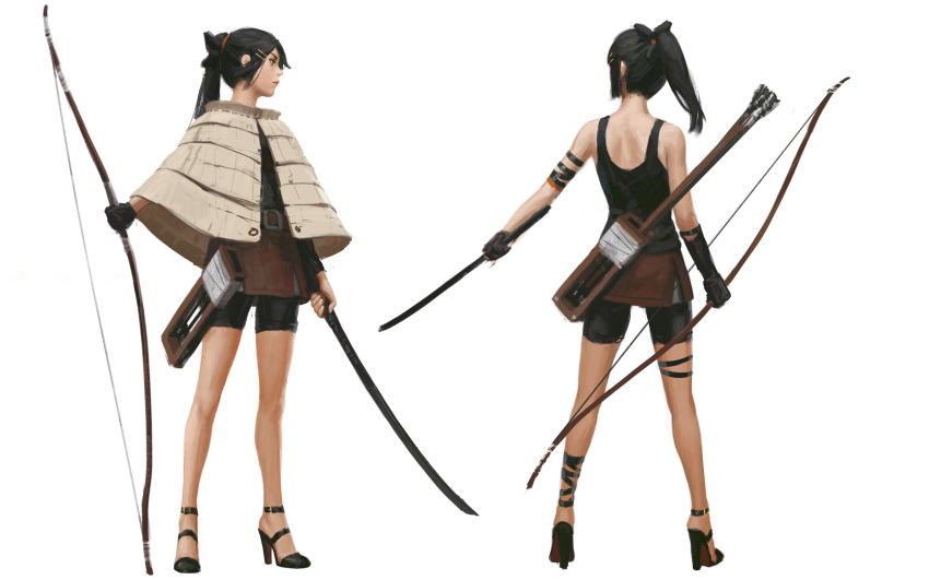 1girl absurdres arm_strap arrow bare_legs bare_shoulders belt belt_buckle bike_shorts black_footwear black_gloves black_hair bow_(weapon) brown_skirt buckle commentary english_commentary from_behind full_body gloves guweiz hair_ornament hairclip high_heels highres holding holding_bow_(weapon) holding_sword holding_weapon legs_apart long_hair miniskirt multiple_views original parted_lips ponytail profile quiver sheath shorts shorts_under_skirt simple_background single_glove sketch skirt standing sword tank_top weapon white_background