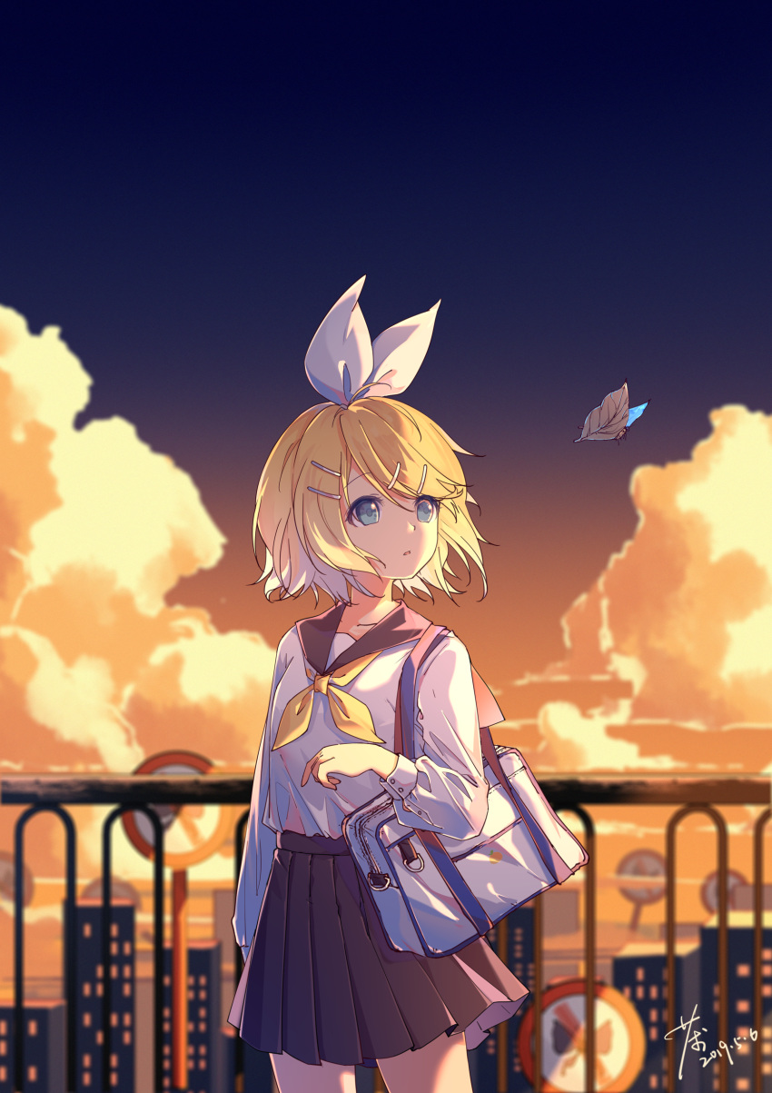 1girl absurdres ahoge arm_at_side bag bangs black_sailor_collar black_skirt blonde_hair blue_eyes blurry blurry_background bug butterfly chaji_xiao_bai clouds cloudy_sky commentary_request dated depth_of_field evening gradient_sky hair_ornament hair_ribbon hairclip highres insect kagamine_rin long_sleeves looking_away looking_to_the_side medium_skirt neckerchief parted_lips pleated_skirt railing ribbon road_sign sailor_collar school_bag school_uniform serafuku shirt short_hair sign signature skirt sky solo sunset swept_bangs tareme vocaloid white_ribbon white_shirt yellow_neckwear