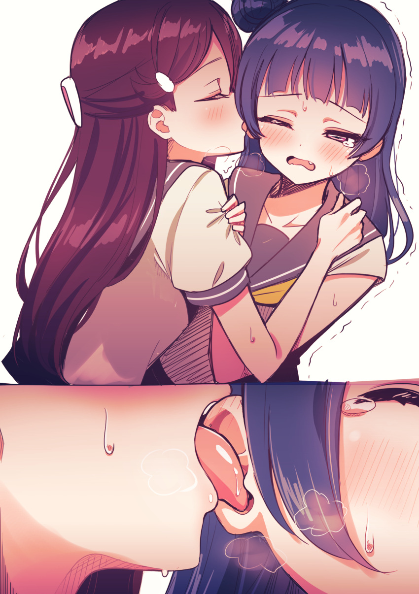 2girls absurdres black_sailor_collar blue_hair blush brown_hair closed_eyes collarbone deadnooodles ear_blush ear_licking hair_bun hair_ornament hairclip half-closed_eye heavy_breathing highres licking long_hair love_live! love_live!_sunshine!! multiple_girls nose_blush one_eye_closed profile sailor_collar sakurauchi_riko school_uniform serafuku shirt short_sleeves side_bun simple_background sweat tears trembling tsushima_yoshiko very_long_hair violet_eyes white_background white_shirt yellow_neckwear yuri