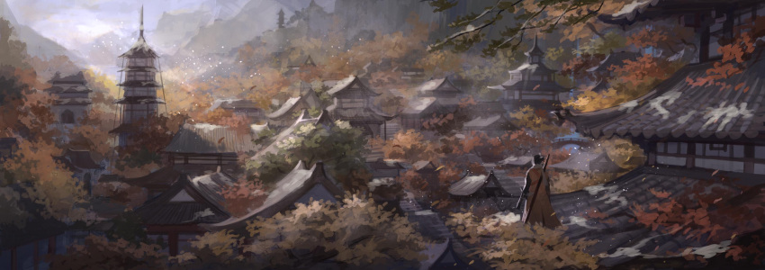 1boy absurdres architecture dusk east_asian_architecture forest highres landscape mountainous_horizon nature pagoda sekiro sekiro:_shadows_die_twice snow solo textless tree widescreen winter xinuo223