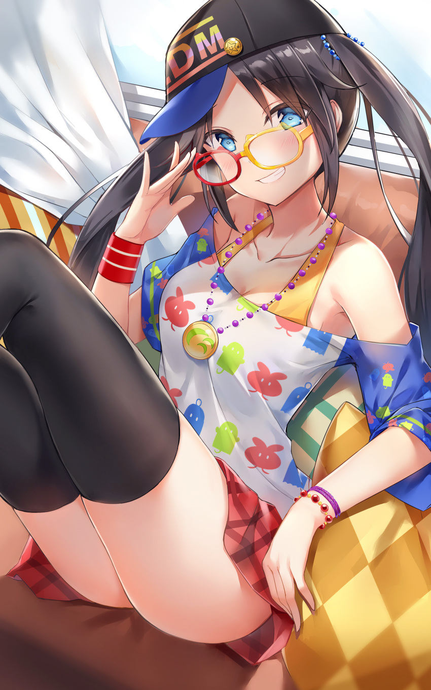 1girl :d absurdres adjusting_eyewear armpits ass badge bare_shoulders baseball_cap black_hair black_headwear black_legwear blue_sleeves blush bracelet breasts button_badge cleavage clothes_writing collarbone commentary_request couch curtains ginn_(hzh770121) glasses grin hat head_tilt highres idolmaster idolmaster_shiny_colors indoors jewelry knees_up leaning_back long_hair medium_breasts minigirl mitsumine_yuika necklace off-shoulder_shirt off_shoulder on_couch open_mouth pillow plaid plaid_skirt red-framed_eyewear red_skirt shirt short_sleeves sitting skirt smile solo star sweatband teeth thigh-highs twintails white_shirt window wristband yellow-framed_eyewear