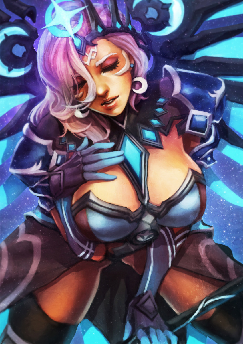 1girl absurdres alternate_costume alternate_hair_color atlantic_mercy black_legwear breasts cleavage closed_eyes commentary crown earrings english_commentary eyelashes eyeshadow forehead_jewel hair_over_one_eye highres jewelry large_breasts lips makeup mercy_(overwatch) monori_rogue nose overwatch pink_hair solo stud_earrings thigh-highs