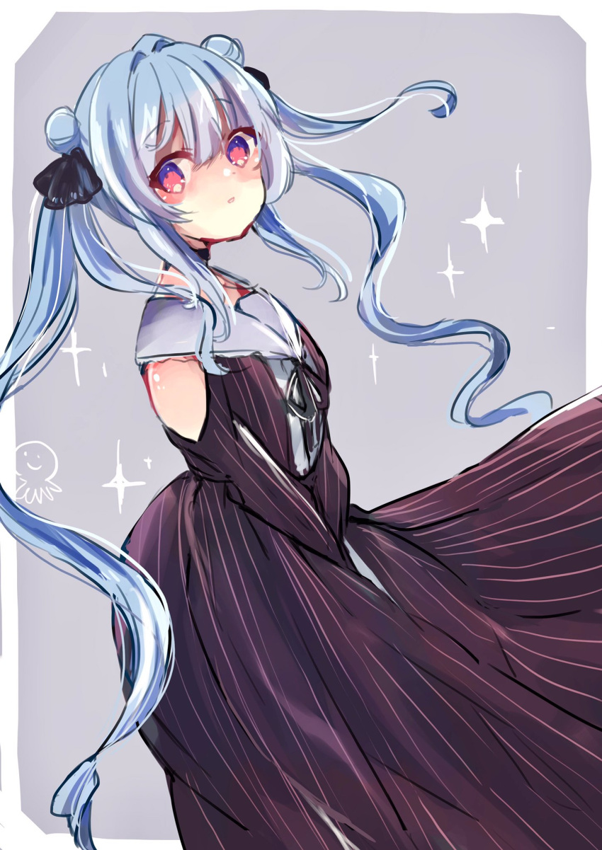 1girl bangs beniko_(ymdbnk) black_ribbon blue_hair blush brown_dress collared_dress double_bun dress eyebrows_visible_through_hair grey_background hair_between_eyes hair_ribbon highres long_hair looking_at_viewer looking_to_the_side neck_ribbon original parted_lips red_eyes ribbon shoulder_cutout side_bun sidelocks solo sparkle striped twintails two-tone_background vertical-striped_dress vertical_stripes very_long_hair white_background