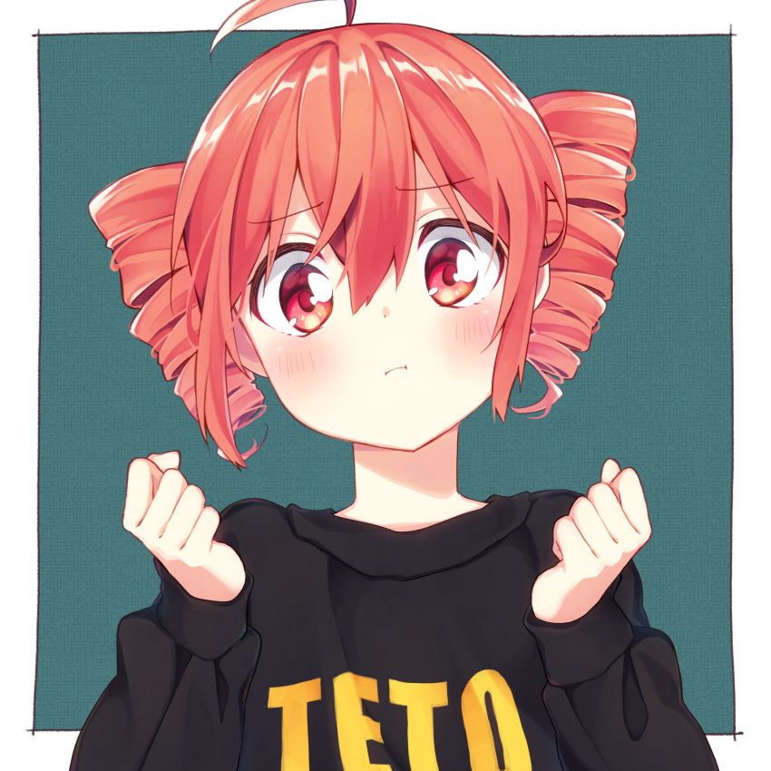 1girl absurdres ahoge aizaki_(aizkaizk) blush character_name clenched_hands drill_hair hands_up highres kasane_teto looking_at_viewer pout red_eyes redhead short_hair simple_background solo sweater twin_drills upper_body utau