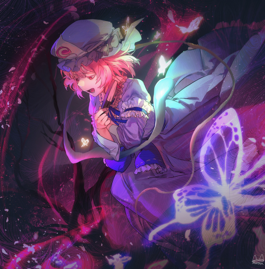 blue_bow blue_dress blue_kimono bow bug butterfly cherry_blossoms crossed_arms dress fan folding_fan frilled_kimono frills ghost hat highres hitodama insect japanese_clothes kimono long_sleeves mob_cap neck_ribbon obi open_mouth pink_eyes pink_hair ribbon saigyouji_yuyuko sash short_hair touhou tree triangular_headpiece veil wavy_hair