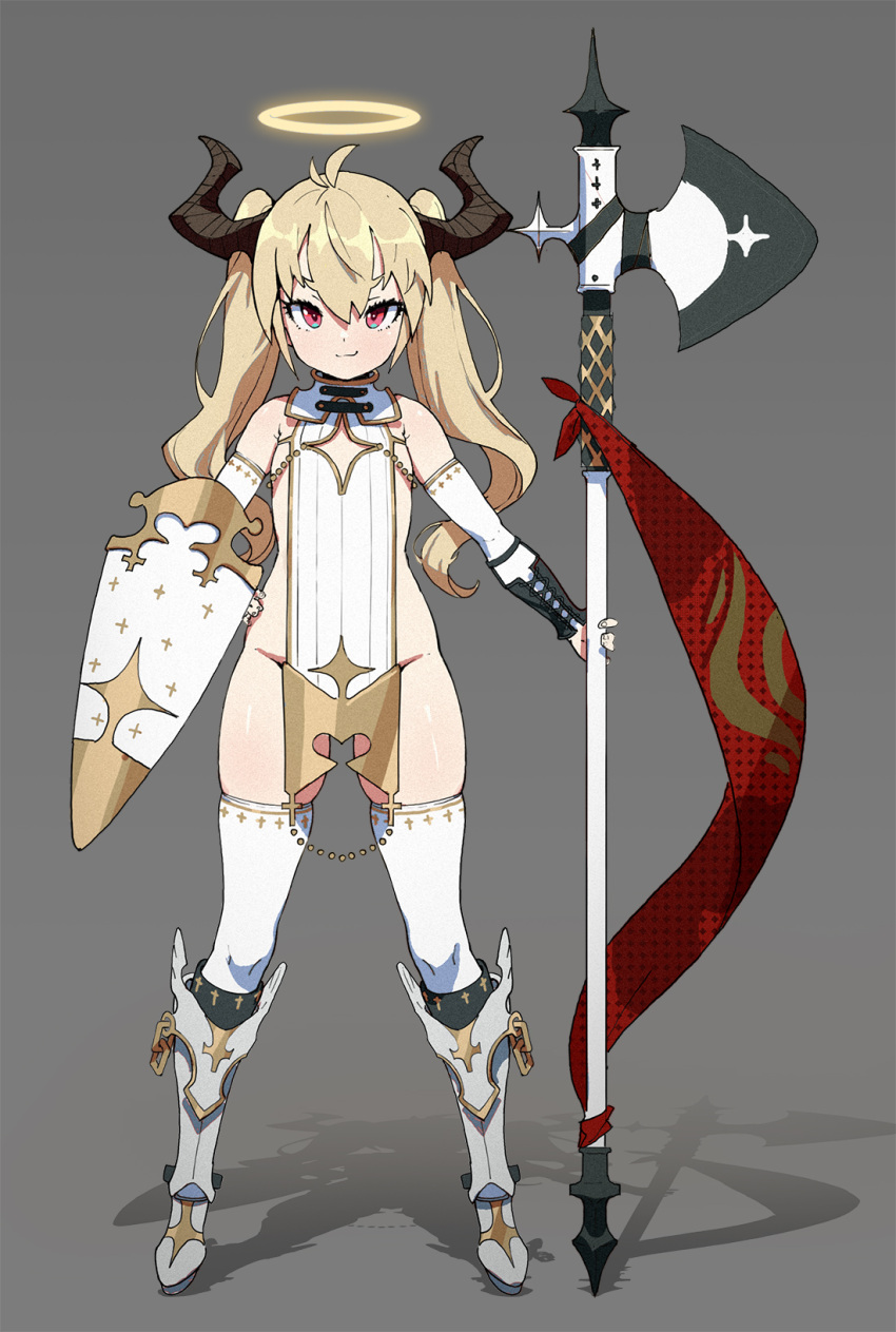1girl ahoge armored_boots bare_shoulders blonde_hair blush boots closed_mouth elbow_gloves eyebrows eyelashes flat_chest full_body gloves groin hair_between_eyes halberd halo hand_on_hip highres holding holding_halberd holding_weapon horns knee_boots legs_apart long_hair looking_at_viewer naked_tabard original polearm red_eyes shield shiny shiny_skin simple_background skindentation smile solo standing tabard thigh-highs twintails two_side_up waterkuma weapon white_legwear