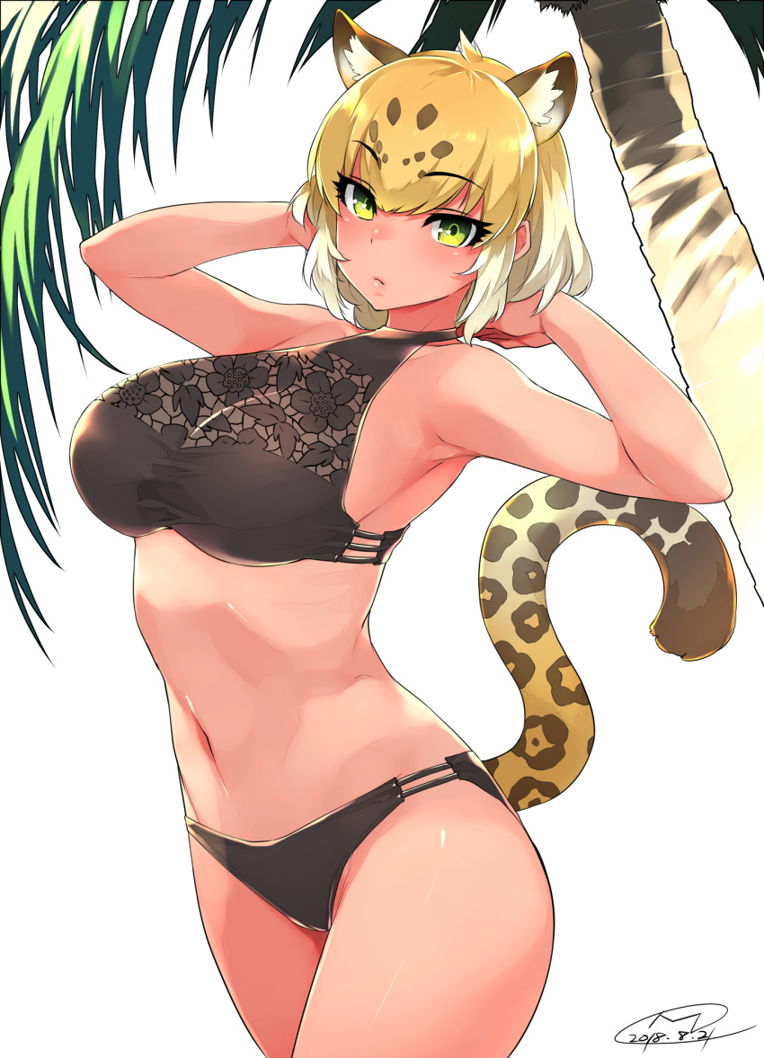 1girl animal_ears arms_behind_head blonde_hair cowboy_shot dated extra_ears eyebrows_visible_through_hair happa_(cloverppd) highres jaguar_(kemono_friends) jaguar_ears jaguar_tail kemono_friends looking_at_viewer navel outdoors palm_tree signature solo spotted_hair swimsuit tail tree white_background