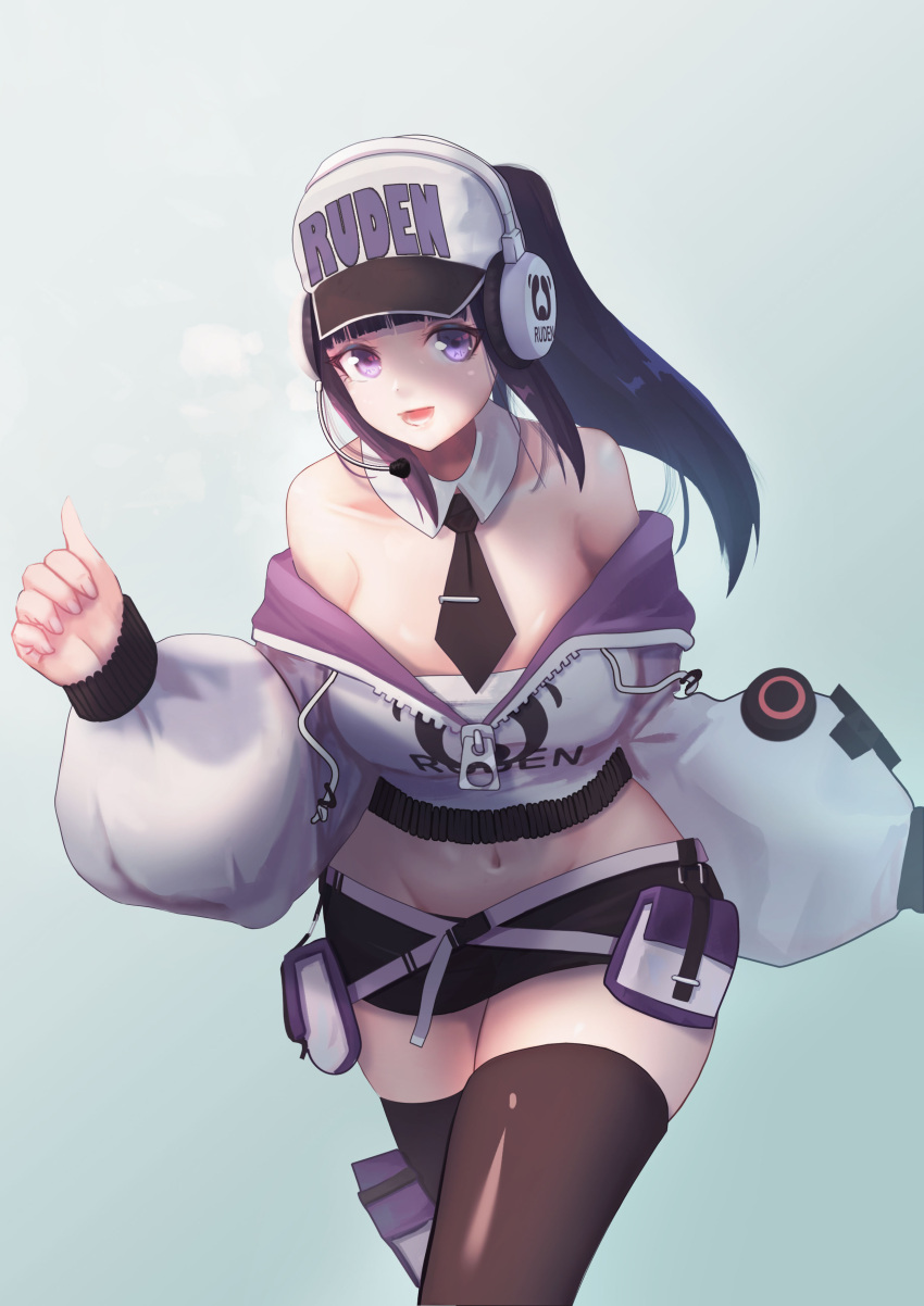 1girl absurdres baggy_clothes bangs bare_shoulders baseball_cap belt belt_pouch black_hair black_legwear black_shorts blunt_bangs borrowed_character breasts clothes_writing collarbone commentary d-pad detached_collar dreamkite english_text groin hat headphones headset highres lanmei large_breasts long_hair looking_at_viewer lowleg lowleg_shorts multiple_belts navel necktie off-shoulder_sweater off_shoulder original ponytail pouch short_shorts shorts solo sweater thigh-highs thigh_pouch tie_clip unzipped walking zipper_pull_tab