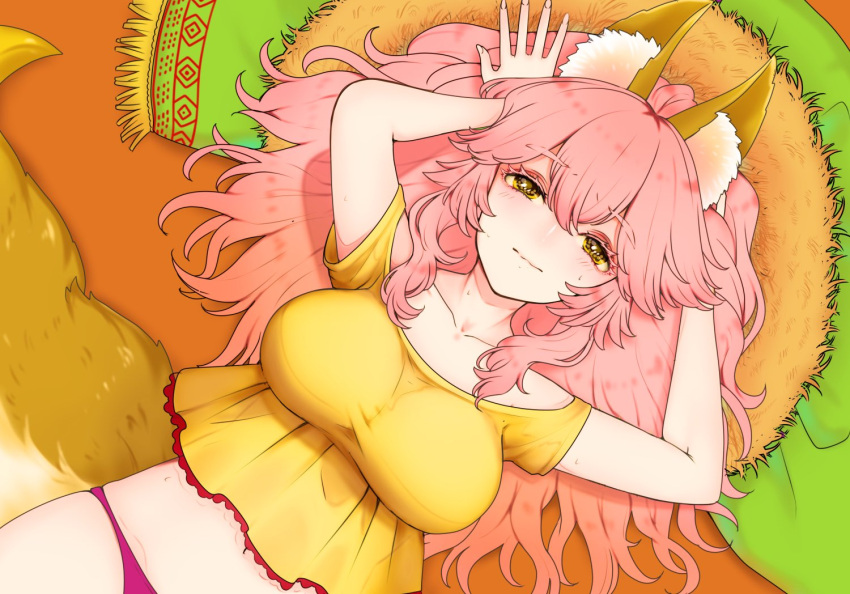 animal_ears arms_behind_head blush breasts colored_eyelashes crop_top fate/extra fate_(series) fox_ears fox_girl haani large_breasts looking_at_viewer lying on_back panties pink_hair pink_panties solo tagme tamamo_(fate)_(all) tamamo_no_mae_(fate) underwear wavy_mouth yellow_crop_top yellow_eyes