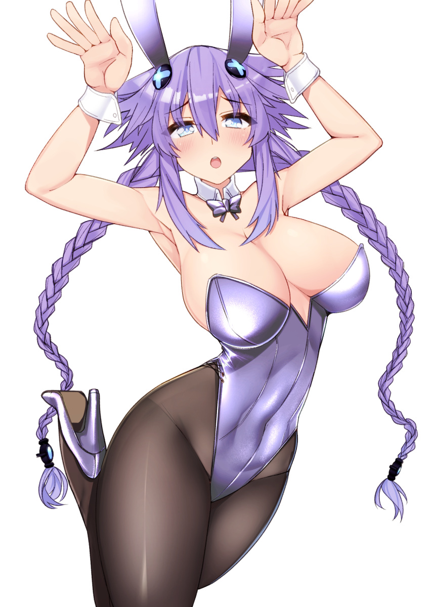 1girl animal_ears bare_shoulders black_legwear black_leotard blue_eyes blush braid breasts bunny_girl bunnysuit cleavage covered_navel cuffs detached_collar dura hair_between_eyes hair_ornament handcuffs high_heels highres large_breasts leotard long_hair looking_at_viewer neptune_(series) open_mouth pantyhose power_symbol purple_hair purple_heart rabbit_ears skin_tight solo standing standing_on_one_leg symbol-shaped_pupils twin_braids twintails very_long_hair
