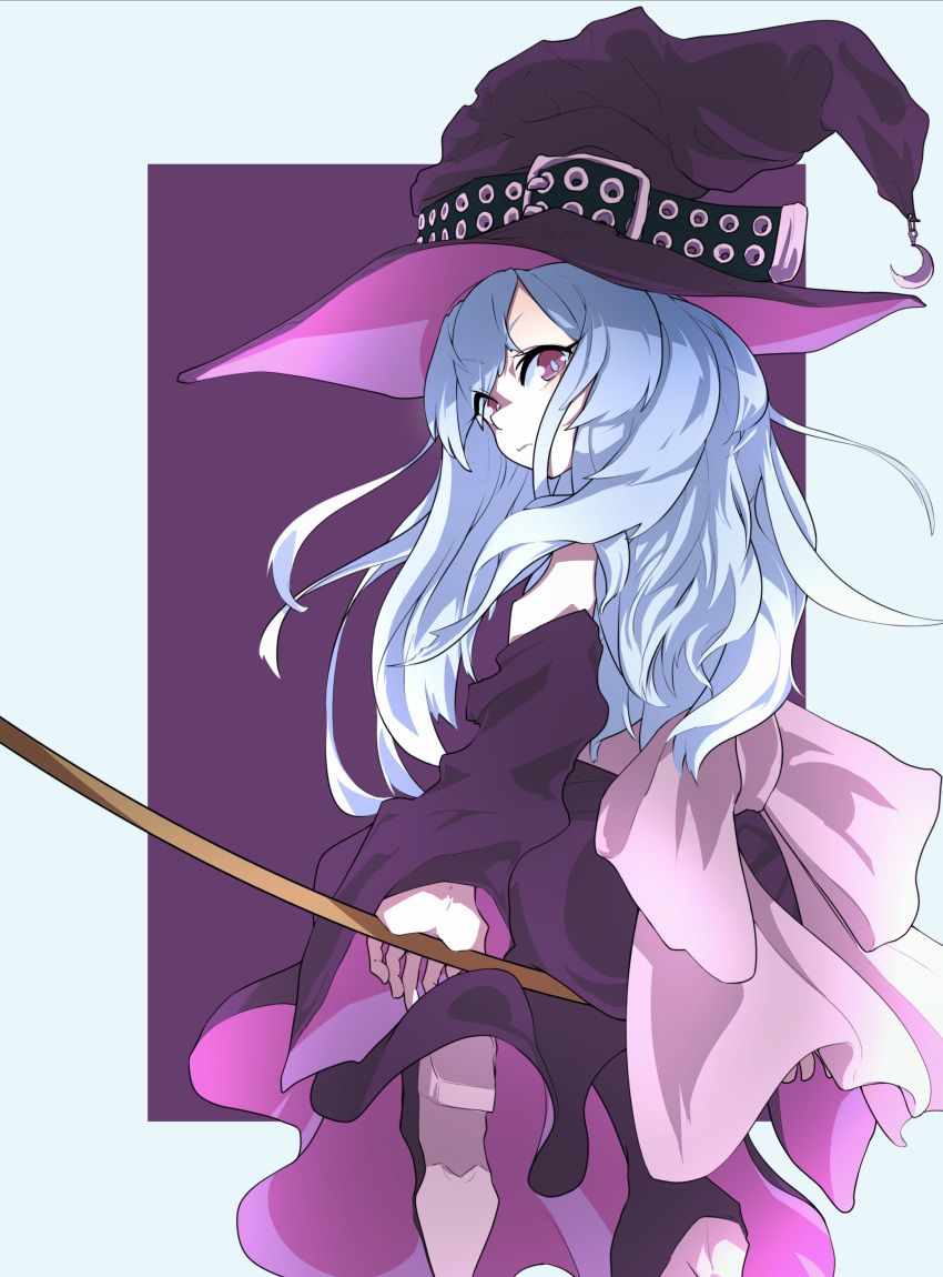 1girl absurdres back_bow bow crescent_moon eyebrows_visible_through_hair eyes_visible_through_hair from_behind hat hat_belt highres holding jipponwazaari light_blue_hair long_hair long_sleeves looking_back moon original pink_bow solo violet_eyes witch witch_hat