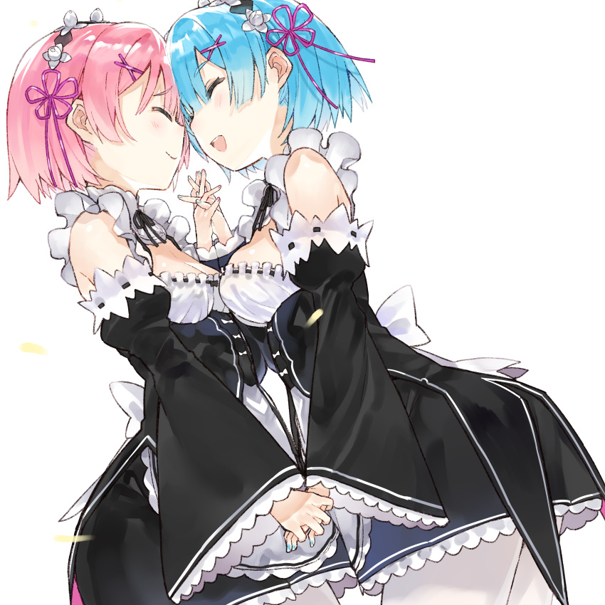 2girls absurdres apron bare_shoulders black_dress black_ribbon blue_hair blue_ribbon breasts closed_eyes commentary_request cowboy_shot detached_sleeves dress dutch_angle eyes_visible_through_hair frilled_sleeves frills from_side hair_ornament hair_over_one_eye hair_ribbon hand_holding highres huge_filesize interlocked_fingers kou_mashiro maid maid_headdress medium_breasts multiple_girls nail_polish open_mouth pink_hair pink_ribbon purple_ribbon ram_(re:zero) re:zero_kara_hajimeru_isekai_seikatsu red_ribbon rem_(re:zero) ribbon ribbon-trimmed_clothes ribbon_trim short_dress short_hair siblings sisters small_breasts smile twins underbust white_apron white_background white_legwear x_hair_ornament