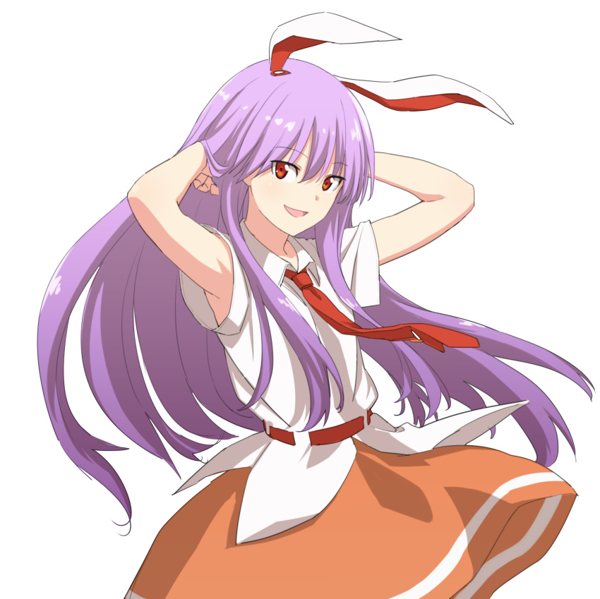 1girl :d absurdres animal_ears armpits arms_up bangs belt commentary_request cowboy_shot eyebrows_visible_through_hair hair_between_eyes hands_in_hair highres leon_(mikiri_hassha) long_hair looking_at_viewer necktie open_mouth orange_skirt purple_hair rabbit_ears red_belt red_eyes red_neckwear reisen_udongein_inaba shirt short_sleeves sidelocks simple_background skirt smile solo touhou very_long_hair white_background white_shirt wing_collar