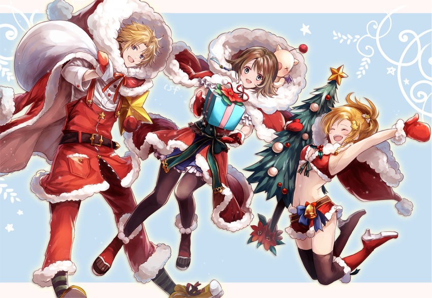 1boy blonde_hair breasts brown_hair christmas closed_eyes commentary_request final_fantasy final_fantasy_x gloves green_eyes midriff multiple_girls navel open_mouth rikku sasanomesi short_hair swimsuit thigh-highs tidus yuna