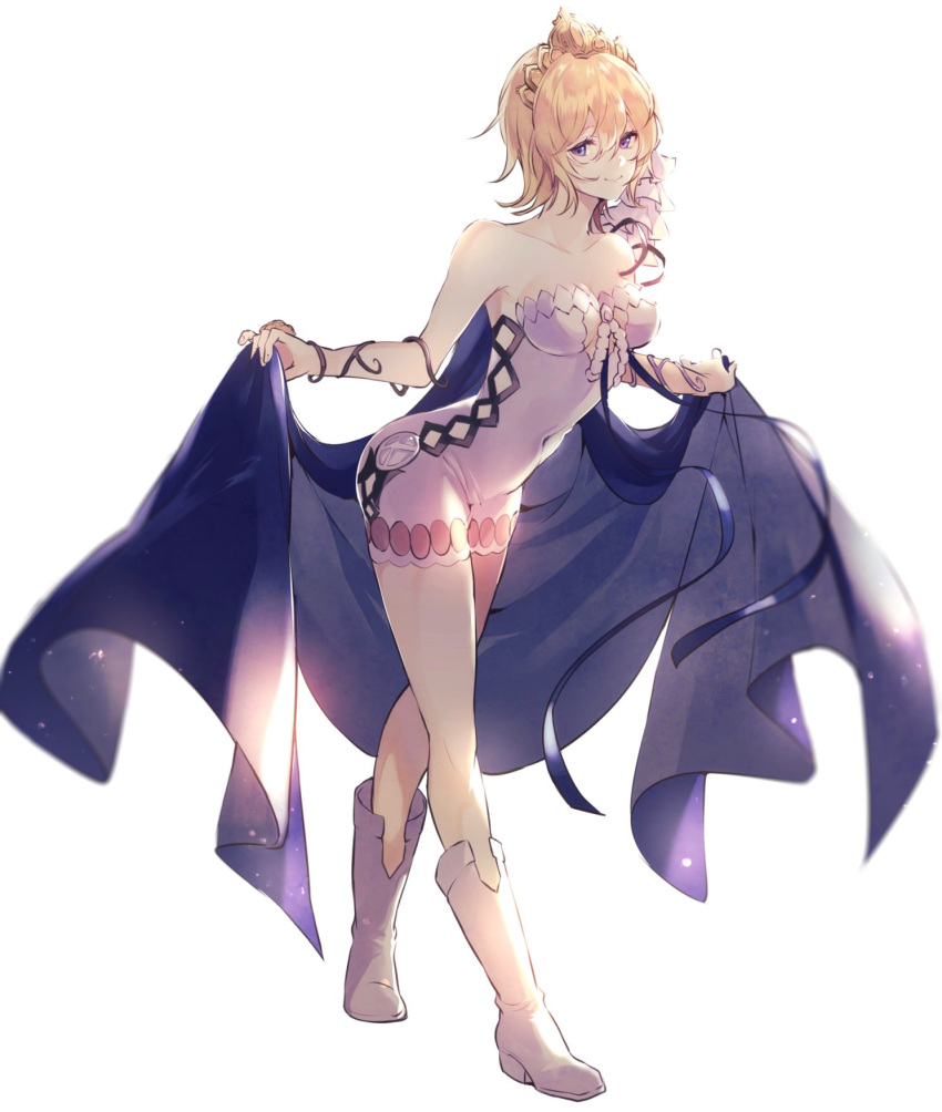 1girl bare_shoulders blonde_hair blue_cape boots breasts cape cleavage collarbone commentary_request covered_navel dress europa_(granblue_fantasy) flower full_body granblue_fantasy hair_between_eyes hair_flower hair_ornament highres looking_at_viewer medium_breasts peki_gbf pencil_skirt short_hair skirt smile solo standing tiara violet_eyes white_background white_dress white_footwear