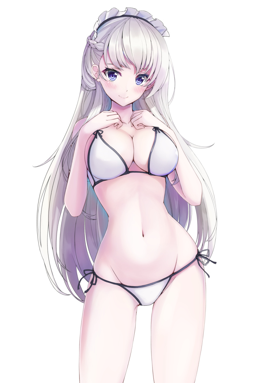 1girl azur_lane bare_arms bare_shoulders belfast_(azur_lane) benedia bikini blue_eyes blush braid breasts cleavage closed_mouth collarbone cowboy_shot french_braid groin hands_up highres large_breasts long_hair looking_at_viewer maid_headdress navel side-tie_bikini silver_hair simple_background smile solo standing stomach swimsuit thighs white_background white_bikini