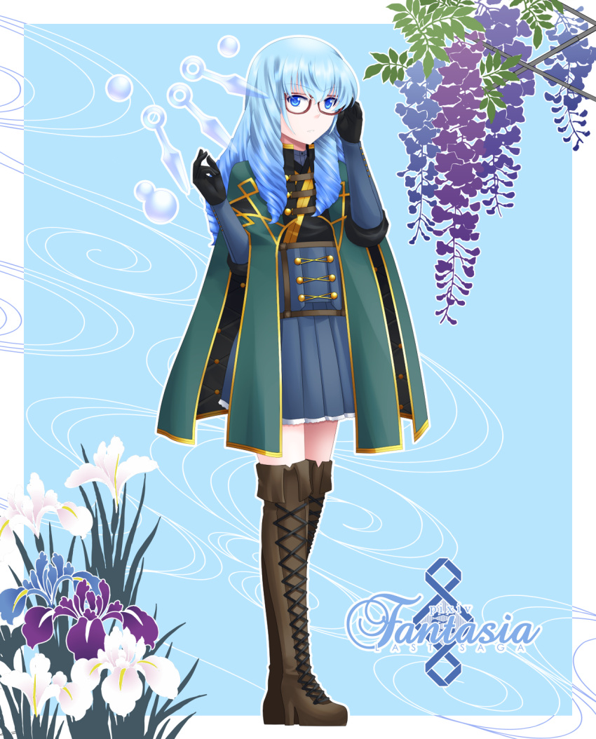 1girl black_gloves blue_background blue_eyes blue_hair boots brown_footwear copyright_name cross-laced_footwear ditb flower full_body glasses gloves grey_skirt hand_up highres kunai lily_(flower) long_hair looking_at_viewer pixiv_fantasia pixiv_fantasia_last_saga red-framed_eyewear robe simple_background skirt solo standing thigh-highs thigh_boots weapon