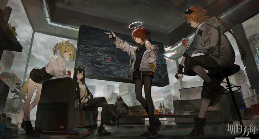 4girls animal_ears arknights black_gloves black_hair black_legwear blonde_hair brown_hair cat_ears cat_tail chair closed_mouth clouds cloudy_sky croissant_(arknights) day exusiai_(arknights) fingerless_gloves gloves hair_over_one_eye halo highres huanxiang_heitu indoors long_hair looking_at_viewer looking_away multiple_girls official_art pantyhose penguin_logistics_(arknights) rain red_eyes redhead short_hair short_twintails sitting sky sora_(arknights) standing tail texas_(arknights) twintails window