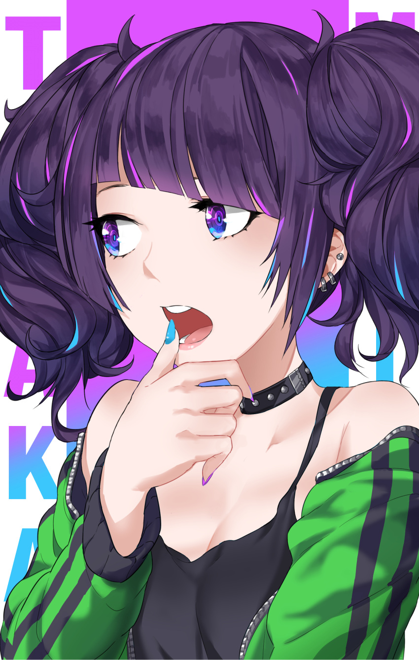 absurdres bangs bare_shoulders black_choker black_tank_top border breasts character_name choker cleavage collarbone diagonal_bangs earrings gradient gradient_background green_jacket highres idolmaster idolmaster_shiny_colors jacket jewelry looking_to_the_side makarony nail_polish off_shoulder open_clothes open_jacket open_mouth purple_background purple_hair short_twintails small_breasts solo tanaka_mamimi teeth twintails violet_eyes white_border