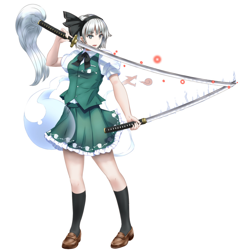 1girl arm_up bangs black_bow black_hairband black_legwear black_neckwear black_ribbon bow bowtie breasts brown_footwear commentary_request dual_wielding eyebrows_visible_through_hair full_body green_skirt green_vest grey_eyes hair_ribbon hairband highres hitodama holding holding_sword holding_weapon katana kneehighs konpaku_youmu konpaku_youmu_(ghost) loafers open_mouth petticoat pleated_skirt puffy_short_sleeves puffy_sleeves ribbon shirt shoes short_hair short_sleeves silver_hair skirt skirt_set small_breasts solo standing sword thighs tk31 touhou transparent_background v-shaped_eyebrows vest weapon white_shirt wily_beast_and_weakest_creature