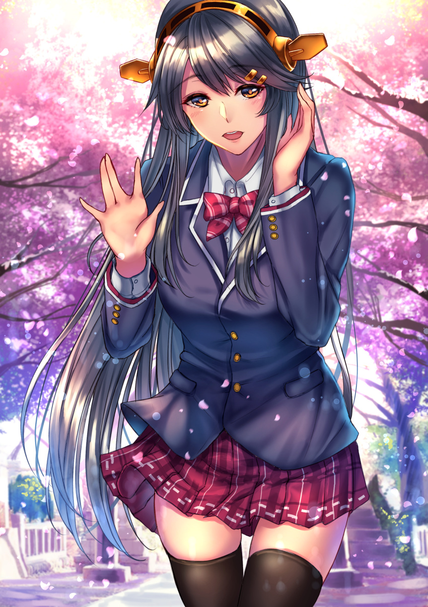 1girl absurdres alternate_costume black_hair black_legwear blazer blue_jacket bow bowtie brown_eyes cherry_blossoms commentary_request day hair_ornament hairband hairclip haruna_(kantai_collection) highres jacket kantai_collection kazu_(otonoki86) long_hair long_sleeves looking_at_viewer miniskirt outdoors pleated_skirt red_neckwear red_skirt school_uniform skirt solo thigh-highs tree tree_branch