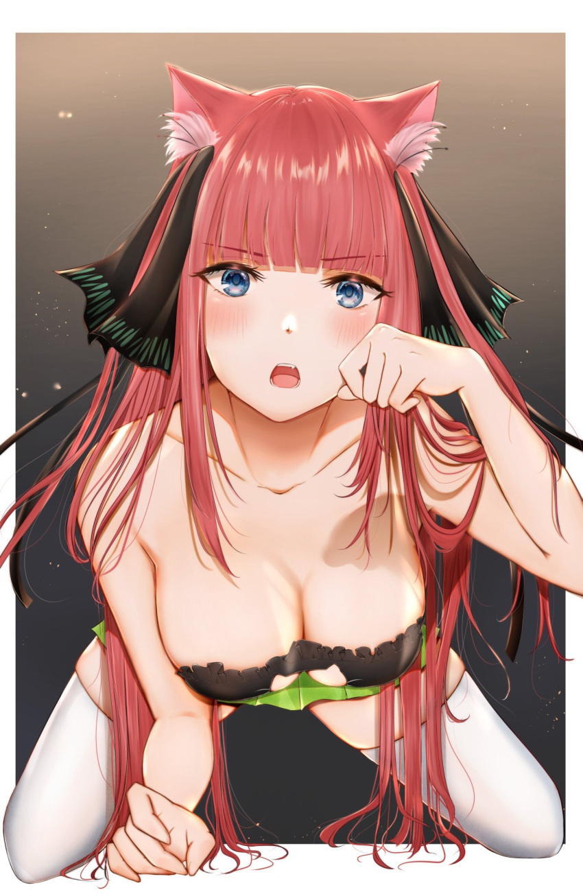 1girl all_fours animal_ears bangs blue_eyes blunt_bangs blush breasts cat_cutout cat_ears cat_lingerie cat_tail cleavage cleavage_cutout collarbone eyebrows_visible_through_hair fangs go-toubun_no_hanayome green_skirt hair_ornament hair_ribbon highres large_breasts long_hair looking_at_viewer meme_attire nakano_nino open_mouth outside_border paw_pose pleated_skirt redhead ribbon sidelocks skindentation skirt solo tail thigh-highs tsurime uiri-na white_legwear