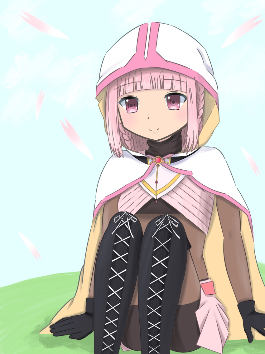 1girl boots gloves helmikuu highres hood magia_record:_mahou_shoujo_madoka_magica_gaiden mahou_shoujo_madoka_magica pink_eyes pink_hair tamaki_iroha thigh-highs thigh_boots