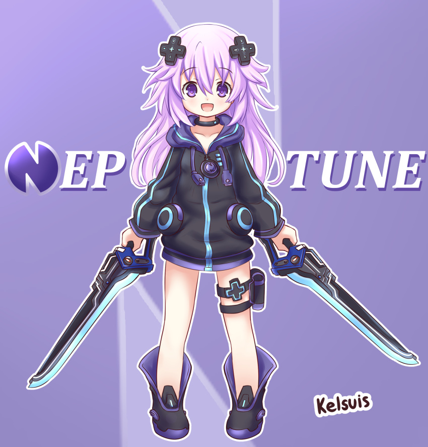 1girl :d absurdres adult_neptune bare_legs black_choker black_jacket character_name choker commentary d-pad d-pad_hair_ornament dual_wielding english_commentary full_body hair_between_eyes hair_ornament highres holding holding_sword holding_weapon holster hood hooded_jacket jacket kelsuis long_hair looking_at_viewer neptune_(series) open_mouth purple_background purple_hair shin_jigen_game_neptune_vii smile solo sword thigh_strap usb violet_eyes weapon younger zipper