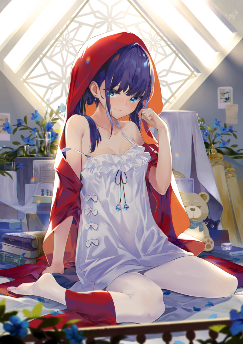 1girl absurdres bangs bare_shoulders blue_eyes blue_flower blurry blurry_foreground book bookmark bow breasts closed_mouth collarbone commentary_request day depth_of_field dress earrings eyebrows_visible_through_hair flower hair_between_eyes hair_ornament hairclip hand_up highres hood hood_up indoors jewelry long_hair looking_at_viewer no_shoes original pantyhose sitting sleeveless sleeveless_dress small_breasts smile solo strap_slip stuffed_animal stuffed_toy sunlight teddy_bear violet_eyes wariza water white_bow white_dress white_legwear window yamano_(yamanoh)