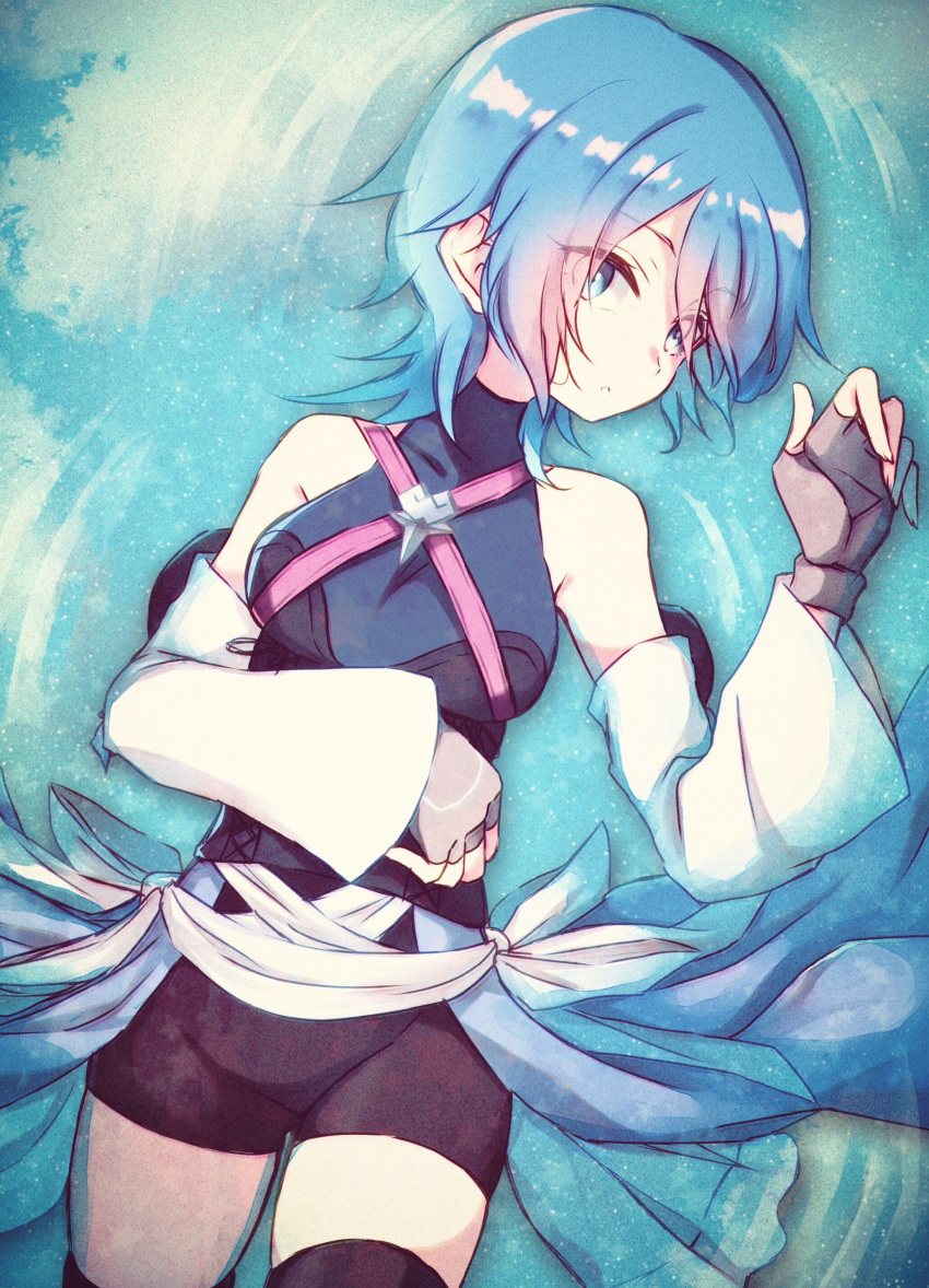 1girl absurdres aqua_(kingdom_hearts) bare_shoulders bike_shorts black_legwear blue_eyes blue_hair blue_sky breasts clouds collarbone day detached_sleeves eyebrows_visible_through_hair eyes_visible_through_hair fingerless_gloves gloves grey_gloves hand_up highres kingdom_hearts kingdom_hearts_birth_by_sleep long_sleeves lying medium_breasts on_back reflection ripples short_hair sky solo thigh-highs thighs totoma water wide_sleeves zettai_ryouiki
