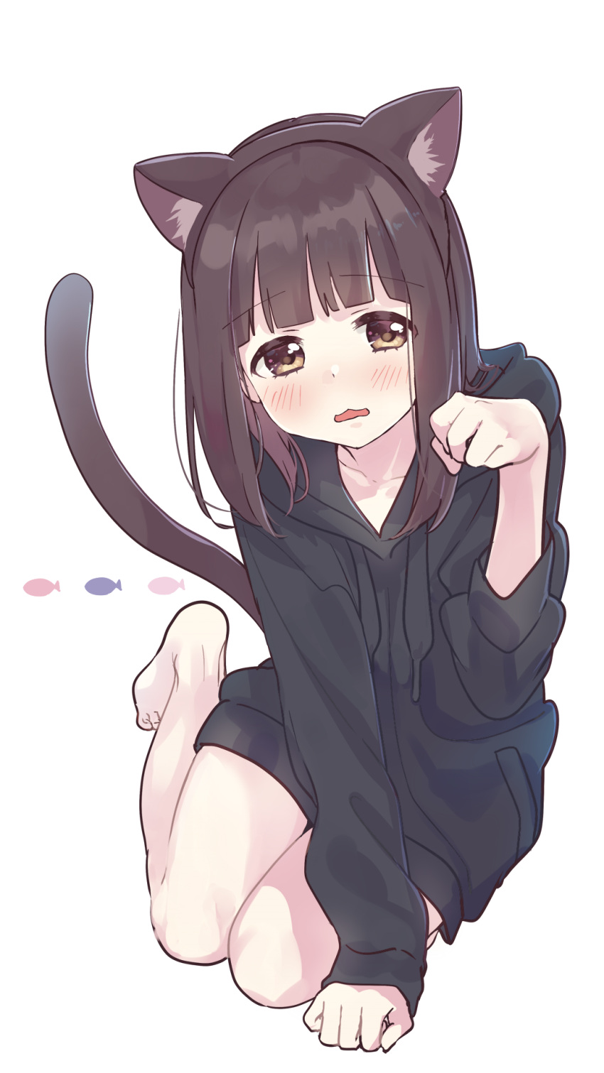 1girl animal_ear_fluff animal_ears bangs barefoot black_hoodie blush brown_eyes brown_hair brown_hairband cat_ears cat_girl cat_tail commentary_request eyebrows_visible_through_hair fake_animal_ears hairband hand_up highres hood hood_down hoodie long_hair long_sleeves menhera open_mouth original paw_pose pomu simple_background sleeves_past_wrists solo tail tail_raised white_background