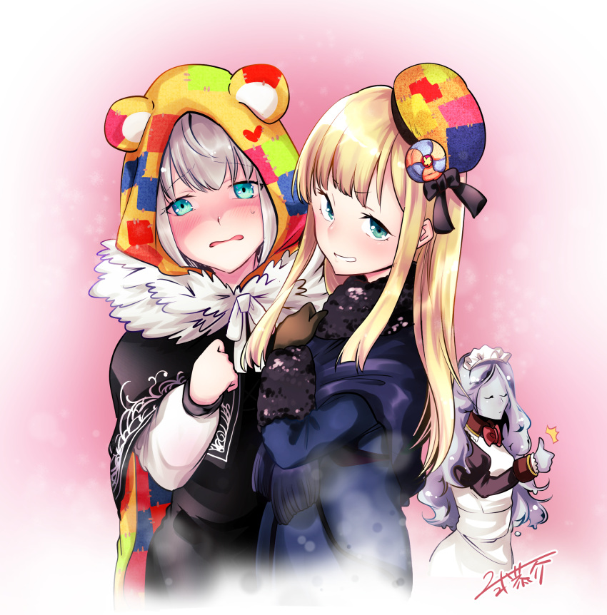 /\/\/\ 3girls animal_ears animal_hood bangs beret black_bow black_capelet black_dress blonde_hair blue_coat blush bow brown_gloves cape capelet closed_eyes closed_mouth collared_dress commentary_request dandhun_puku dress eyebrows_visible_through_hair fake_animal_ears fate_(series) fringe_trim gloves golem gray_(lord_el-melloi_ii) green_eyes grey_skirt grin hair_between_eyes hair_bow hat head_tilt highres hood hood_up juliet_sleeves long_hair long_sleeves lord_el-melloi_ii_case_files maid_headdress multiple_girls parted_lips puffy_sleeves red_bow reines_el-melloi_archisorte signature silver_hair skirt smile sweat thumbs_up tilted_headwear trimmau very_long_hair